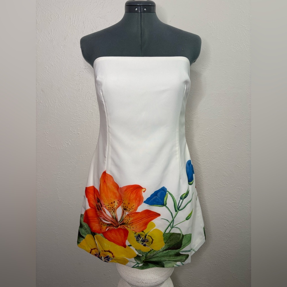 Strapless Floral Dress - White with Orange and Blue Accents